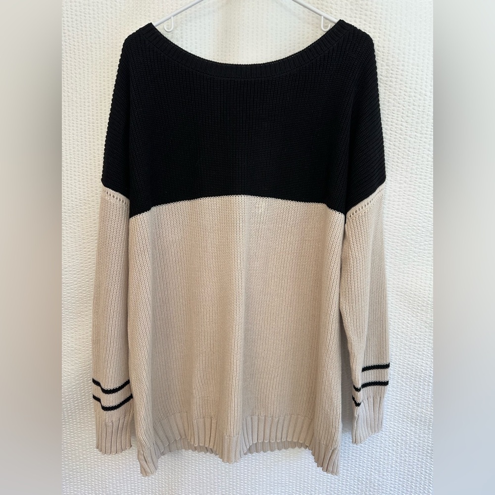 Black Tan Khaki Colorblock Oversized Knit Sweater Long Sleeve Size Medium NWT